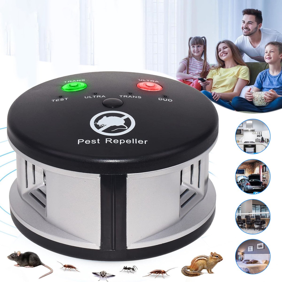 Ultrasone knaagdierverjager - Insectenverjager - Ongediertebestrijder voor binnen - Knaagdierbestrijding - Voltage AC90-240V - Vermogen 5W - Zwart & Zilver
