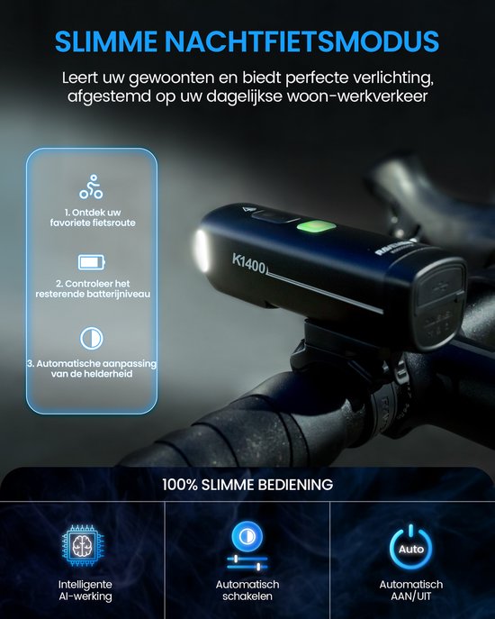 RAVEMEN 1400 Lumen Intelligente Dag-/Nachtloopfietslamp-Auto AAN/UIT-Lichtsensor- IPX7 Waterdicht- USB-C- Aluminium Behuizing - voor fietsen op de weg en VTT — afbeelding 4