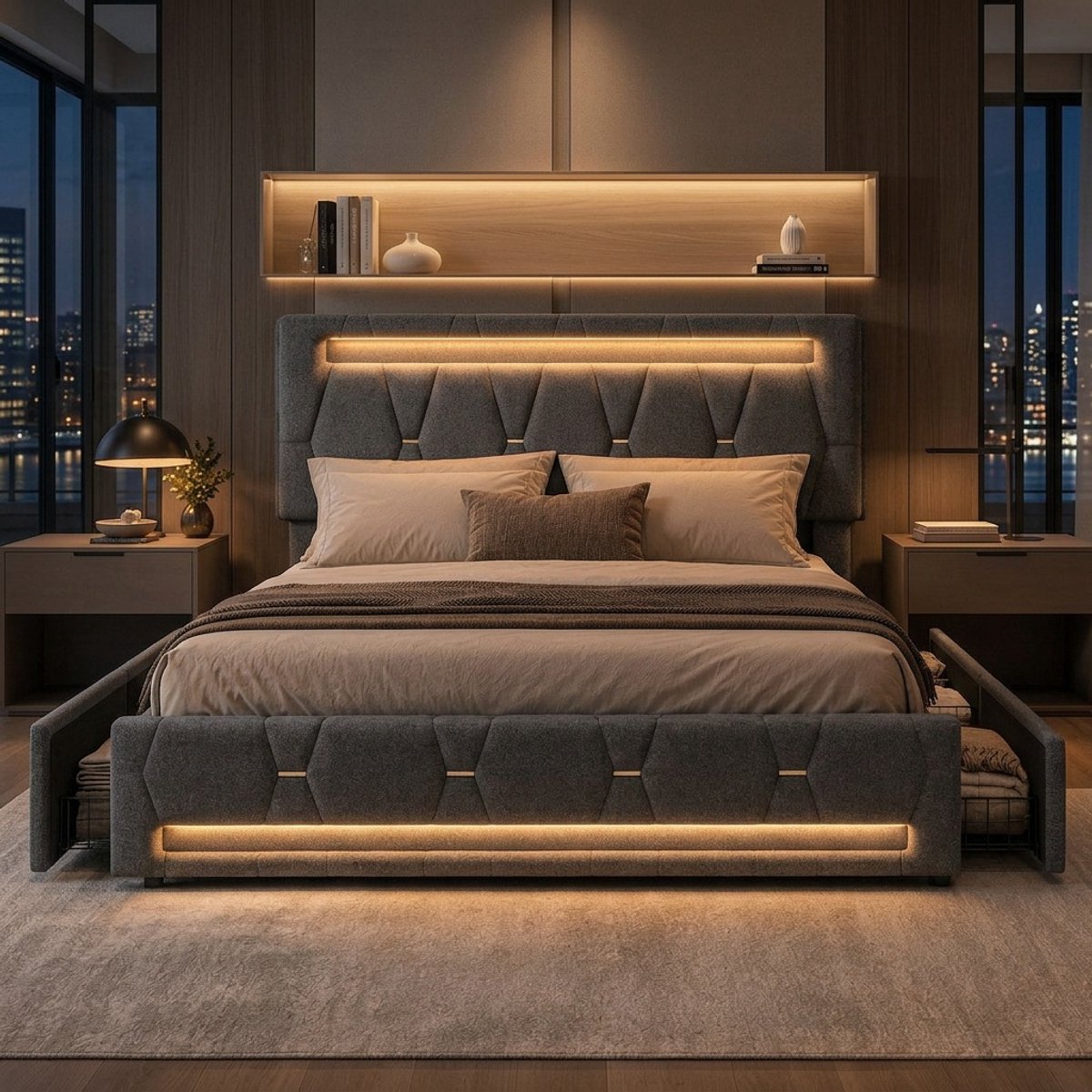 MEXUS Gestoffeerd Bed 140x200 cm met LED,Tweepersoonsbed met 4 laden en Lattenbodem,Opbergbed bedframe met Opbergruimte en Hoofdbord,grijs linnen, zonder matras
