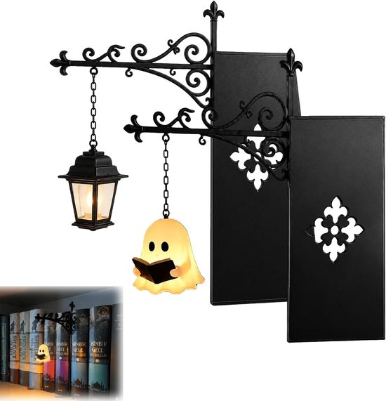 Foto: Boekensteun metaal 2 stuks boekensteun met lamp decoratieve boekenplankverlichting cadeau voor boekenliefhebbers geschikt voor boekenplank leeshoek en bureau zwart