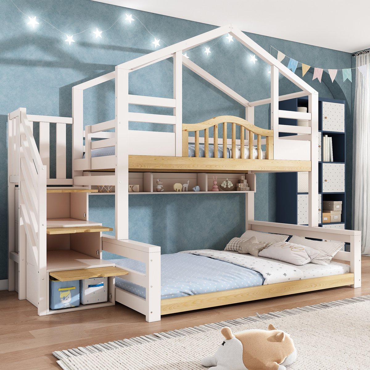 Kinderbed - stapelbed - bovenste bed 90x200cm - onderste bed 140x200cm - met trapkast - wit en houtkleur - zonder matras