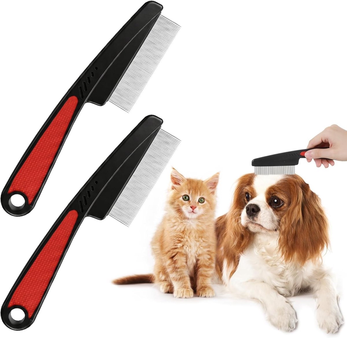 Katten- en hondenvlooienkam met rubberen handvat, roestvrijstalen fijne tanden, effectief tegen vlooien, luizen en eieren voor alle vachtsoorten