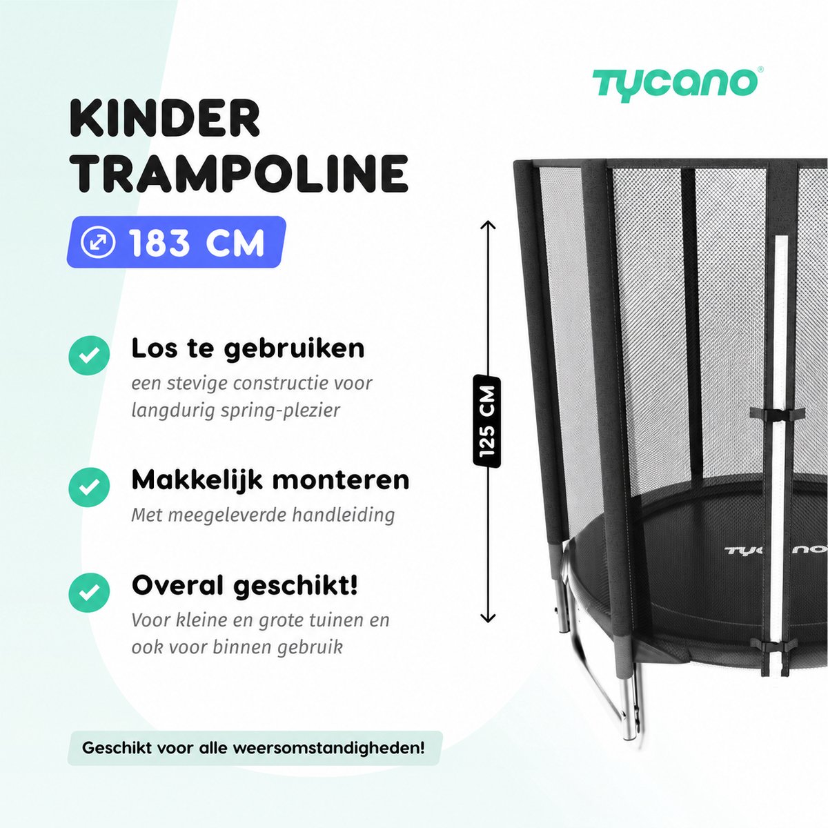Tycano Kinder Trampoline met Veiligheidsnet - 183 cm - Incl trapje - Water- en UV-bestendig - Stevig Frame — afbeelding 4