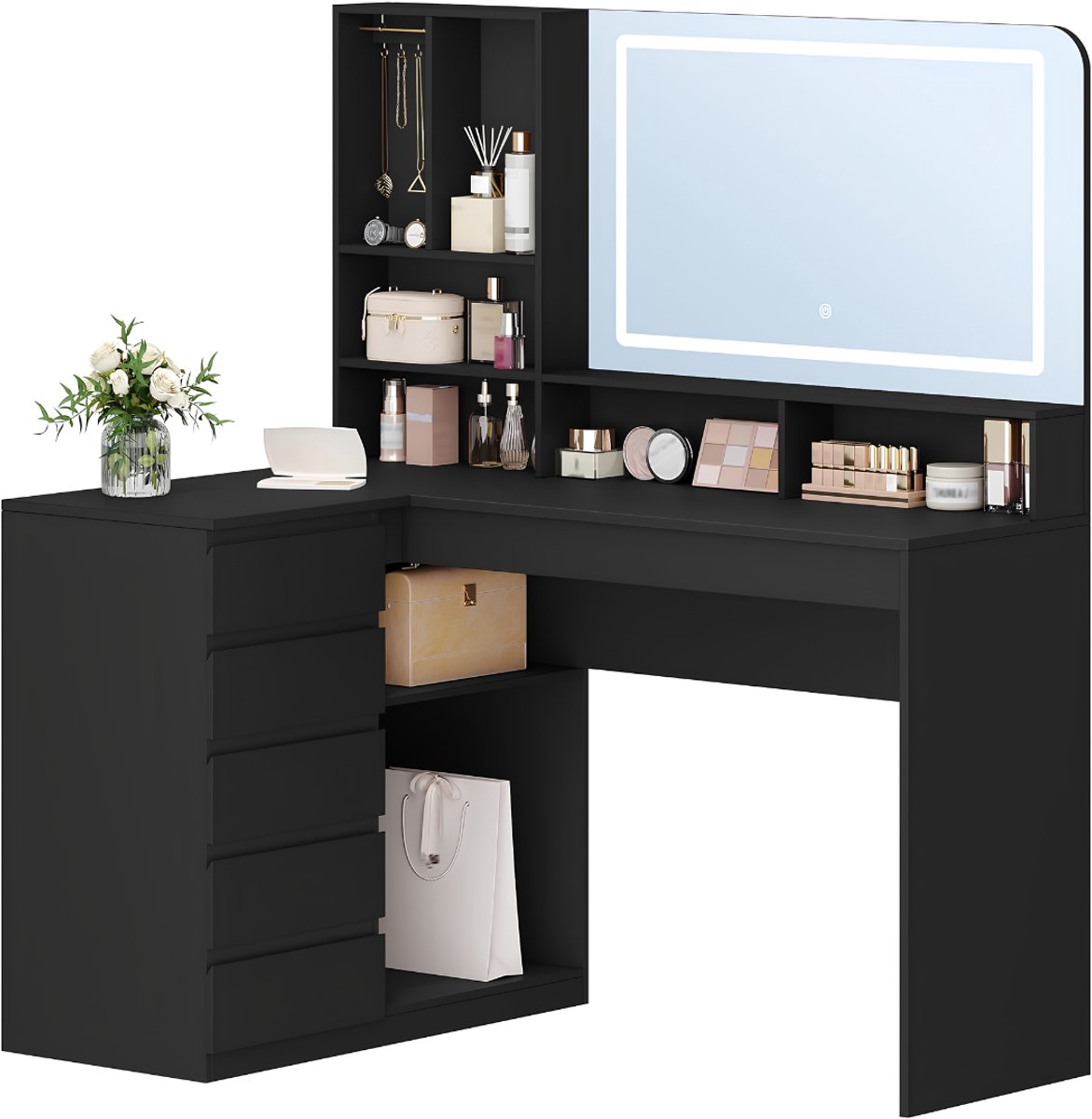 SP® Kaptafel - 5 Lades - Makeup Tafel - Kaptafel met LED Spiegel - Zwart - 40cm x 120cm x 140cm