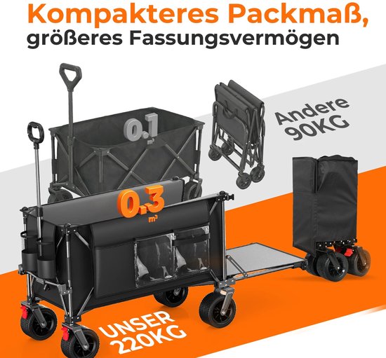 Emvae Bolderkar - Opvouwbare Bolderkar - Bolderwagen - 200L + 100L - Met Achterklep en Grote Terreinwielen - Voor Strand Tuin Boodschappen - Zwart — afbeelding 4
