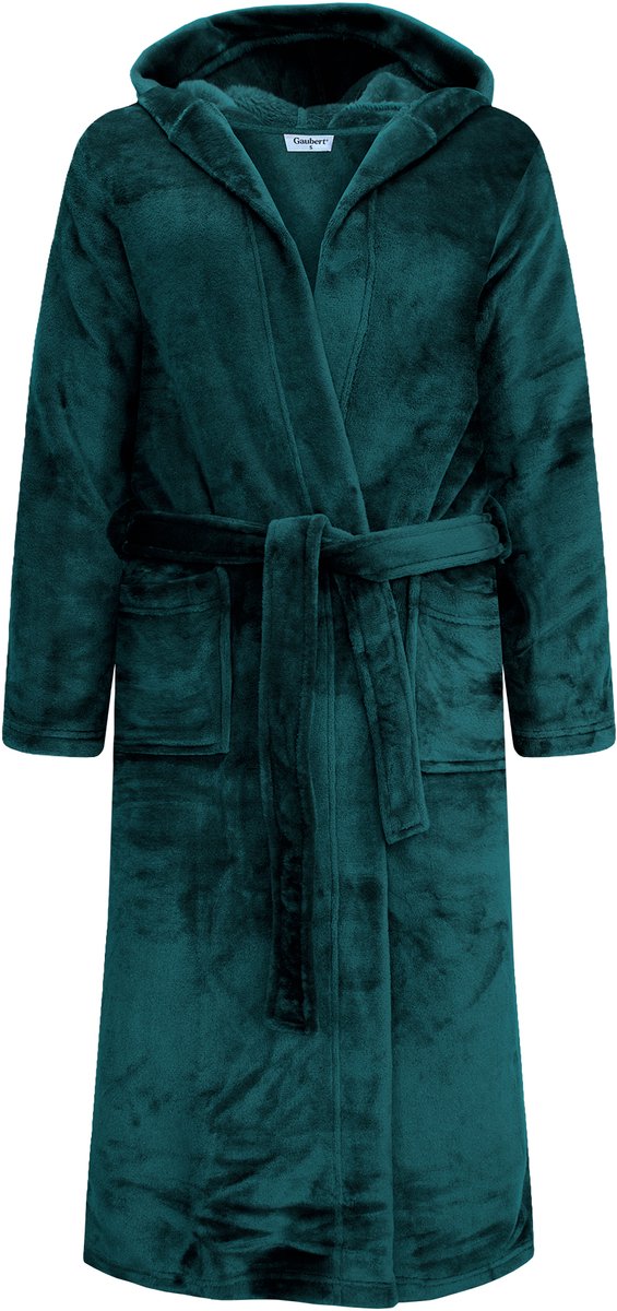 Unisex Badjas Extra Lang met Capuchon en Ceintuur - Ochtendjas - Superzacht Coral Fleece - Heren Dames - Teal Groen - Maat L/XL - 8210-Green
