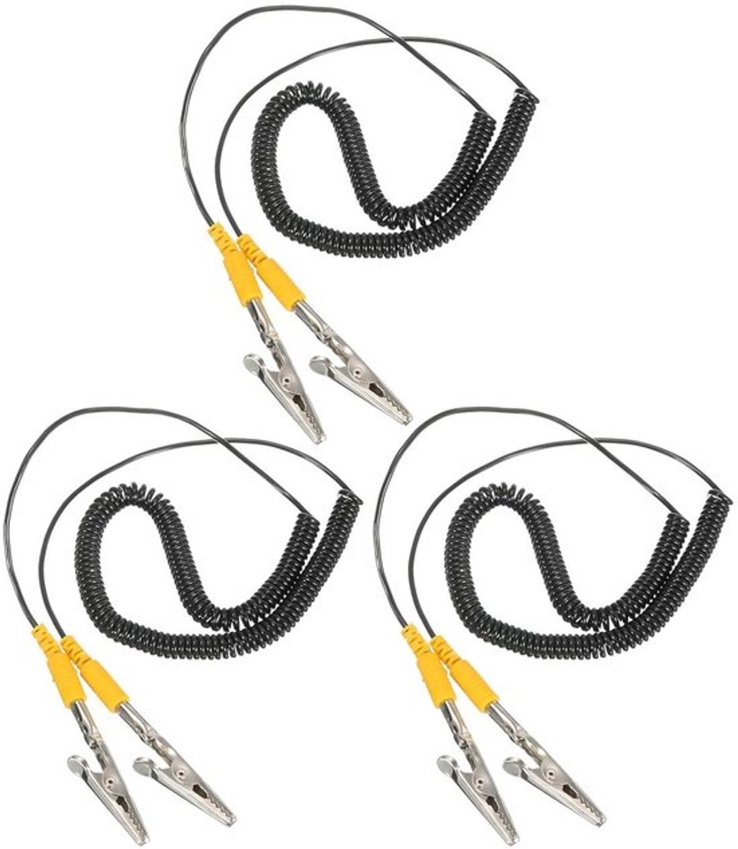 ESD-aardingskabel met krokodillenklem, 250 cm lang, antistatisch, elektrostatische afvoer, 3 stuks, zwart