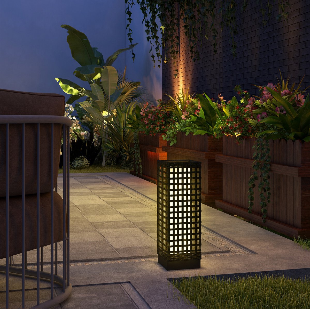 COVREO Solar sokkellamp rattan-design 15,5 x 15,5 x 46 cm zwart met dag- en nachtsensor