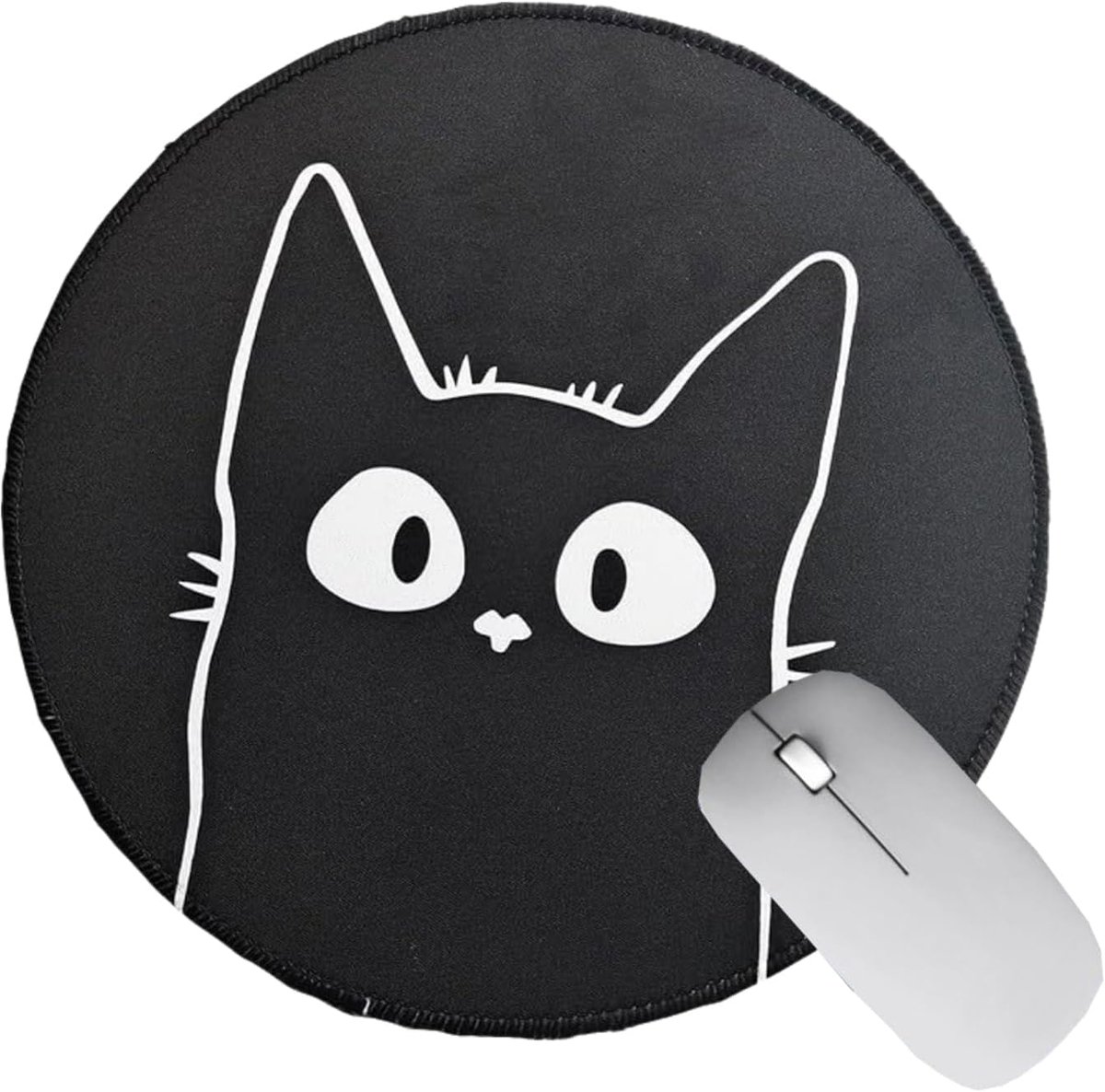 SnelShoppen - Rond Antislip Rubber Muismat voor Laptop Games - Schattig Kattenpatroon Muismat voor Kantoor, Reizen, Kinderen, Unisex, Zwart