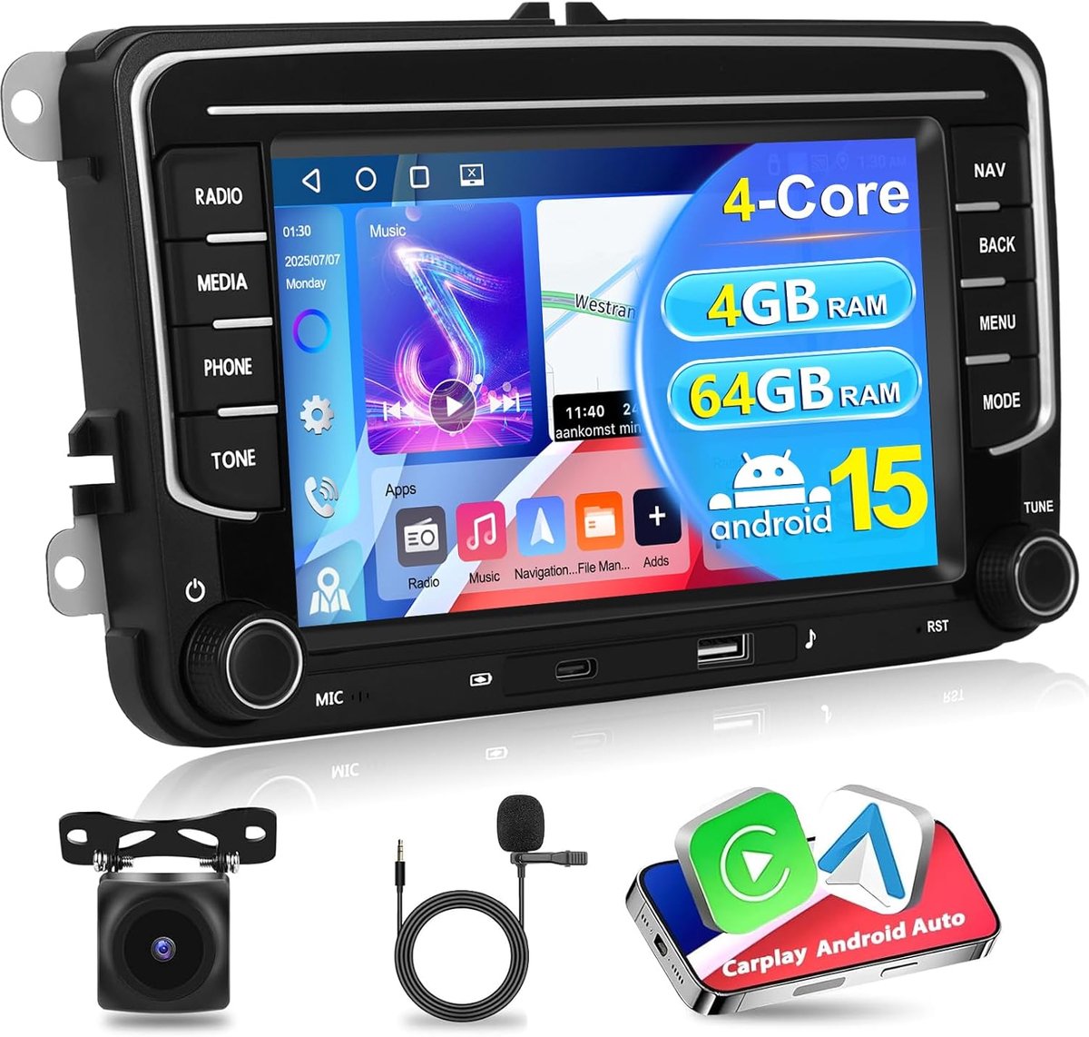 SnelShoppen - 7'' HD Touch Screen Car Radio voor VW/Seat/Skoda/Passat/Golf/Polo - Wireless CarPlay & Android Auto, 4G+64G, Bluetooth, GPS, USB, AHD Ca