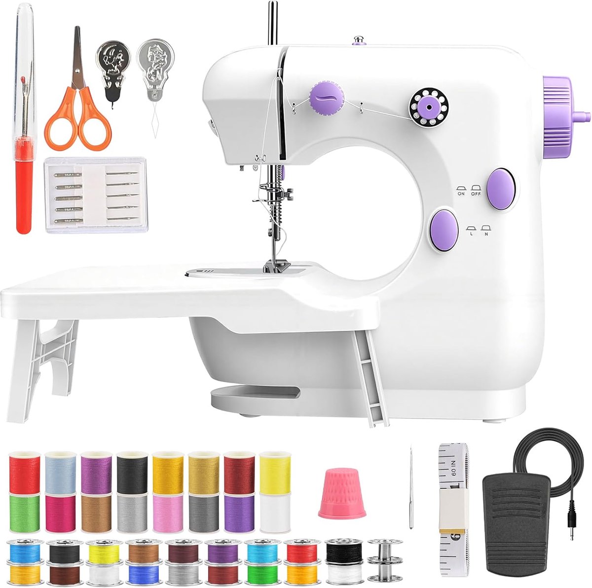 SnelShoppen - Naaimachine voor Beginners, Draagbare Elektrische Naaimachine met Uittrekbare Tafel, Voetpedaal, 2 Snelheden, Compleet Naaiset voor Kind