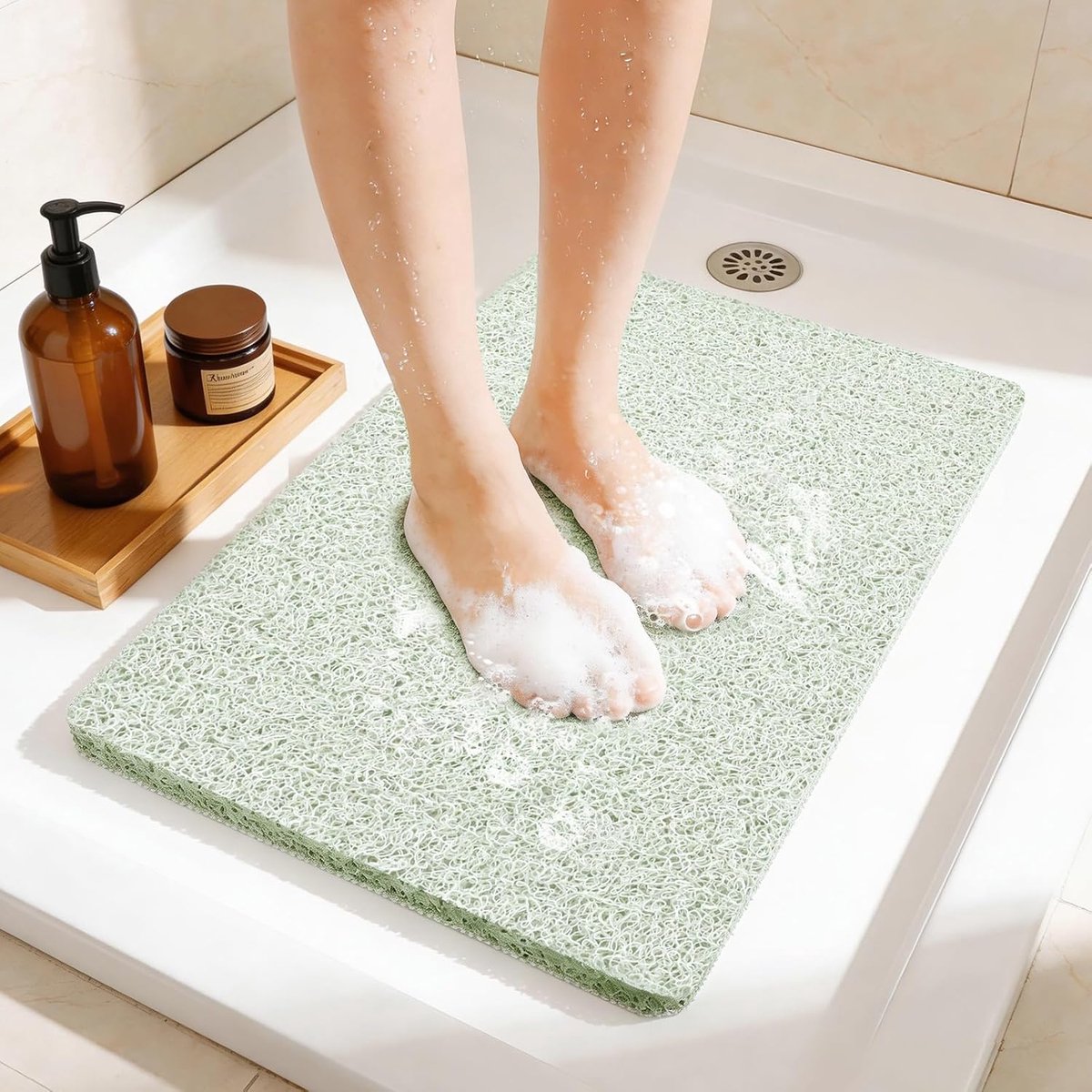 SnelShoppen - Non Slip Douchemats voor Senioren - 24" x 17" Antislip Badmat voor Binnen, PVC Loofah Badmat in Muntgroen - Ideaal voor Douche en Badkam