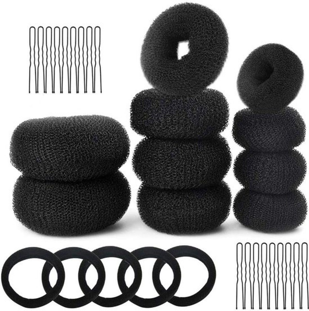 35 stuks Knotkussen Haarmakerset - Broodjesvorm - Haarstyling Accessoires - 10 stuks Chignon Knotmaker - Elastische Haarbanden - U-vormige Haarspelden - Zwart