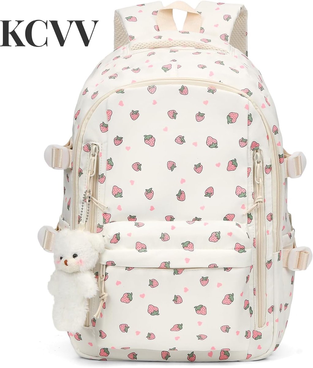Rugzak dames klein-rugzak dames reizen vliegtuig-Damesrugzak met aardbeienprint - Stijlvolle en aantrekkelijke rugzak - Leuke rugzak met aardbeienpatroon - Wit - 26x18x38 cm