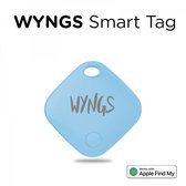 Lichtblauwe WYNGS Smart Tag met 'WYNGS' erop.