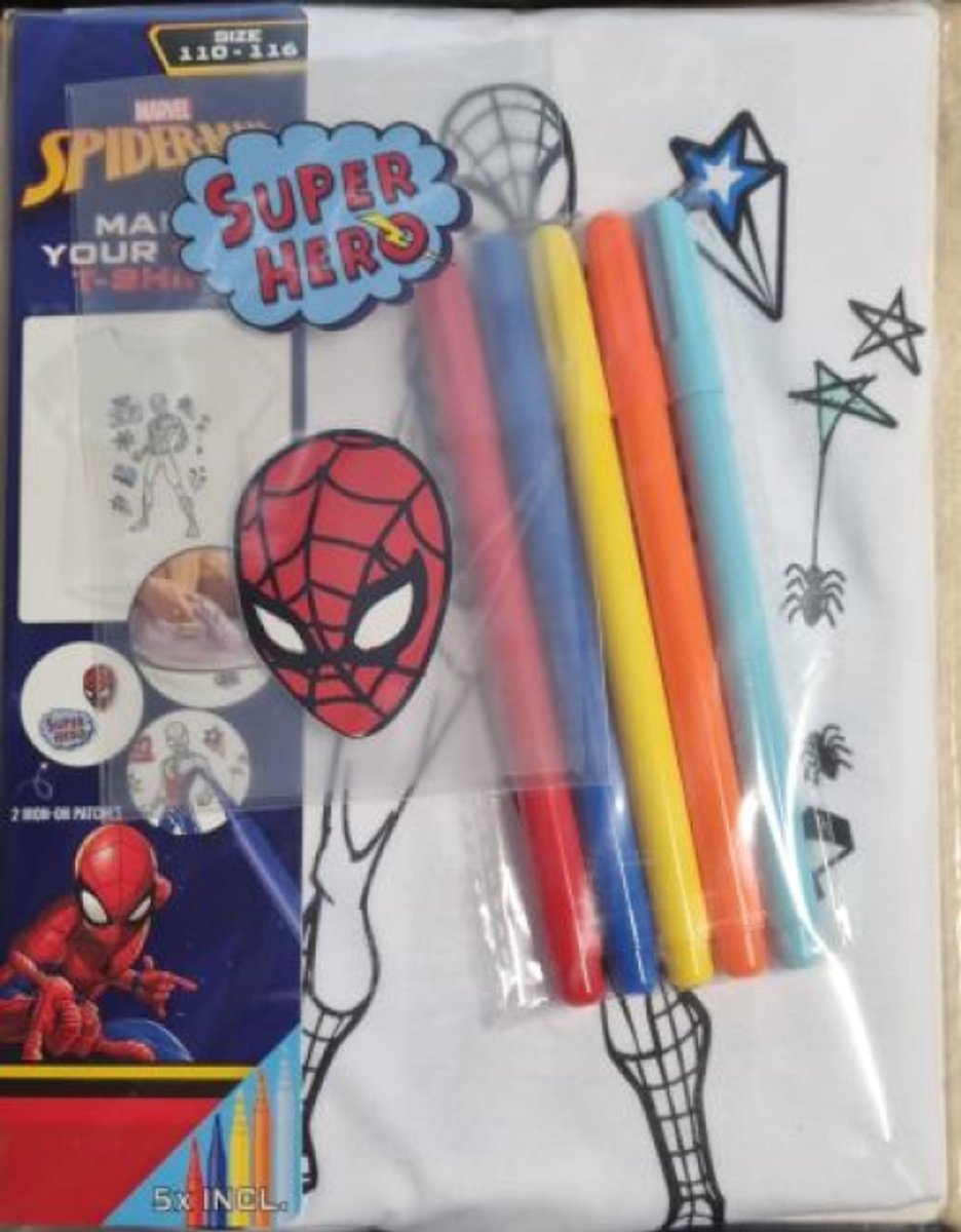Spiderman T-shirt maken- maak je eigen spiderman T-shirt- kleuren - plakken - maat 110-116