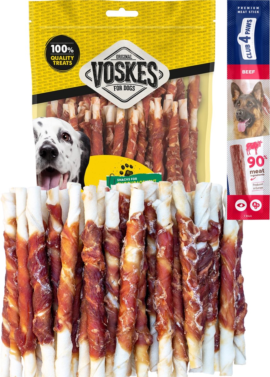 Voskes dog chews stick met eend 2 x 400 gram met gratis Club 4 Paws hondensnack