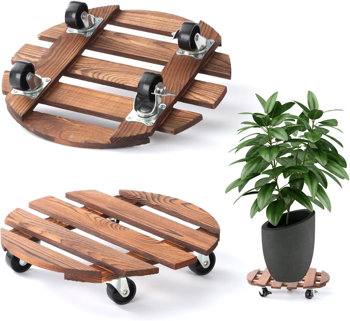 2 Stuks Plantenwagen Met Wielen - Verrijdbare Plantenstandaard - Ronde Houten Plantenwagen - Vergrendelbare Zwenkwielen