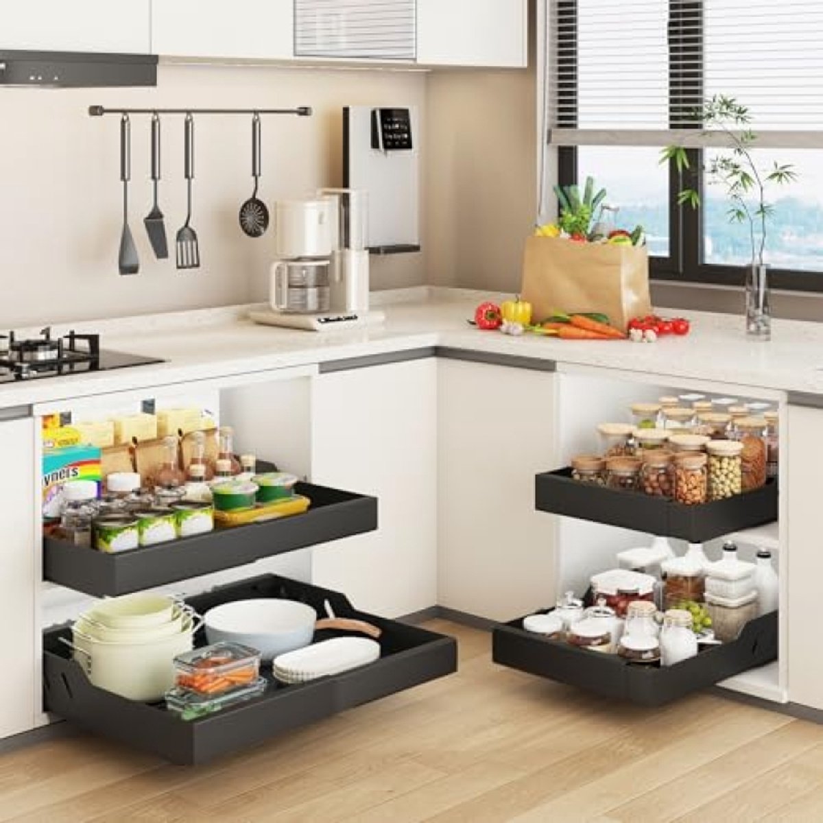 Huis Geluk Uitschuifbare Lade Keuken 2 Stuks - Telescooplade Verstelbare Breedte 32-53 cm - Metalen Kastlade-Organizer - Plakband/Schroefmontage - Zwart