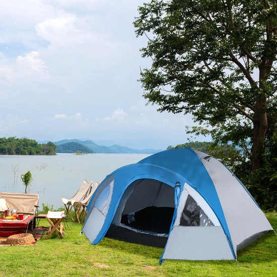 Campingtent 300x250x130cm Blauwgrijs Winddicht Koudebestendig UV-bestendig Dubbellaags Ontwerp Met Horren, Haringen, Tuilijnen en 2 Binnenzakken Stabiel Duurzaam Glasvezelstang Geschikt voor Buitencamping — afbeelding 4