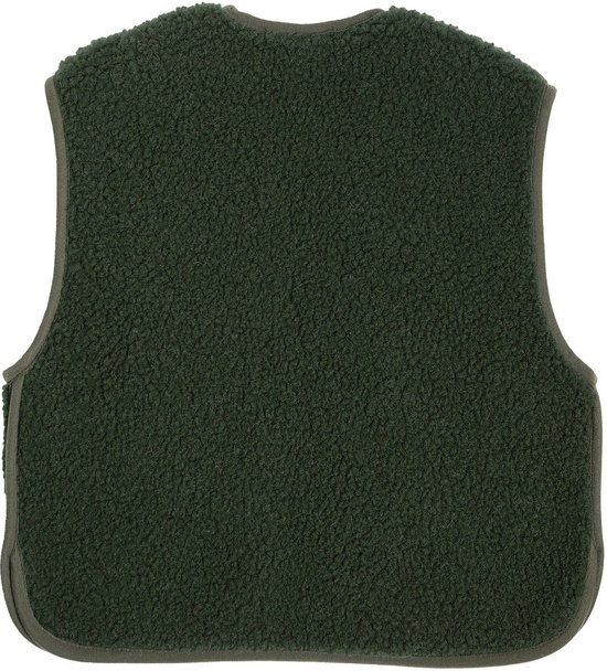Achterkant van een donkergroen, textuurrijk wollen gilet.