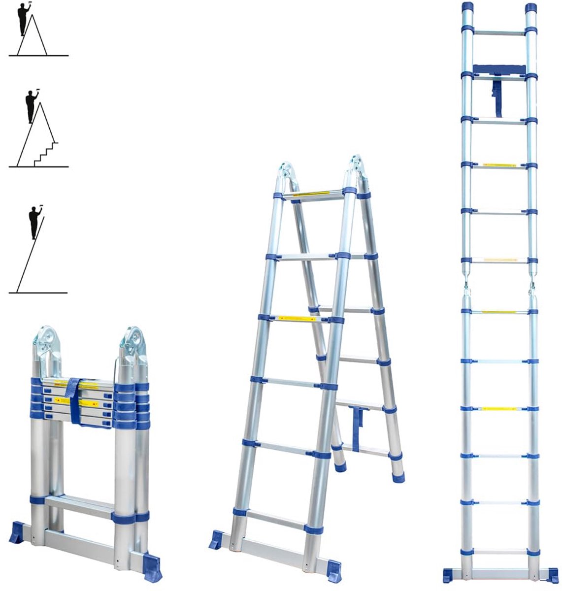 SnelShoppen - Telescopische ladder met scharnier, 3,8 m, opvouwbaar, 2 x 6 treden, professioneel, max. werkhoogte 4,7 m, ideaal voor tuin, kluswerk en