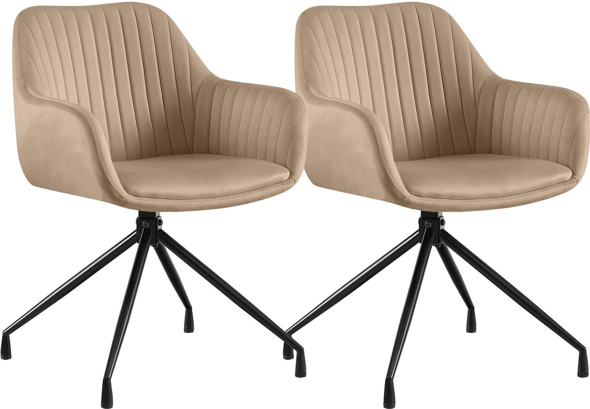 CLP Novanis Eetkamerstoelen Set van 2 - Draaibaar 180° met Terugkeerfunctie - Armleuningen - Metalen Frame Fluweel/taupe
