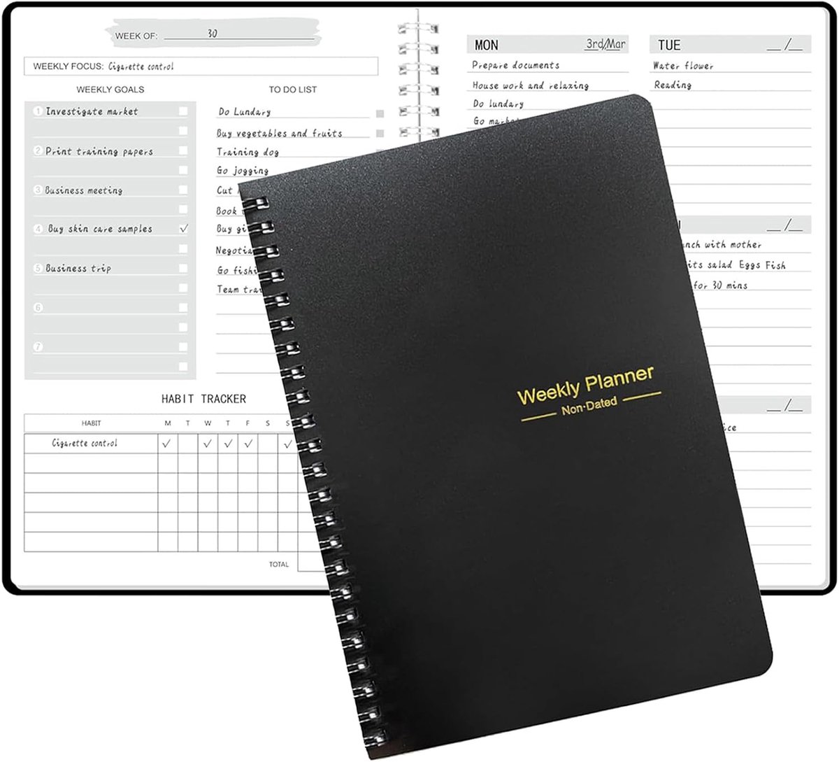 Bobypet - Weekly-Planner - A5 Agenda - To-Do List Diary - 52 Weken Planner - Undated Planning Notebook - Zwart