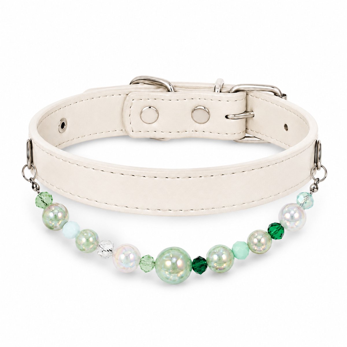 Ryoudavell - Hondenhalsband met Parels - Verstelbare Leren Hondenketting voor Kleine en Middelgrote Honden - Huisdier Accessoires & Verzorging - Honden Sieraad - Wit Groen(M)