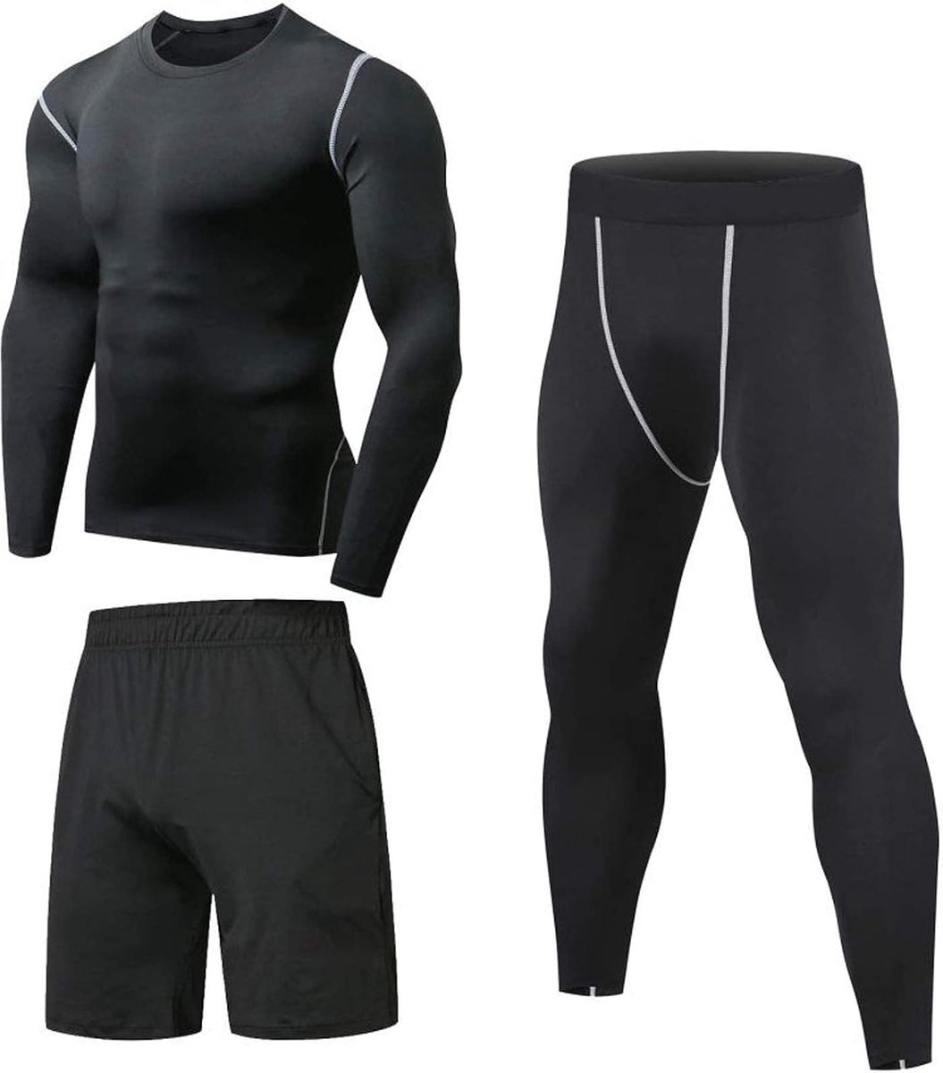 3-delige compressieset voor heren, compressieshirts, hardloopbroek, korte broek, sportkleding voor heren, voor hardlopen, fitnessstudio, fitness