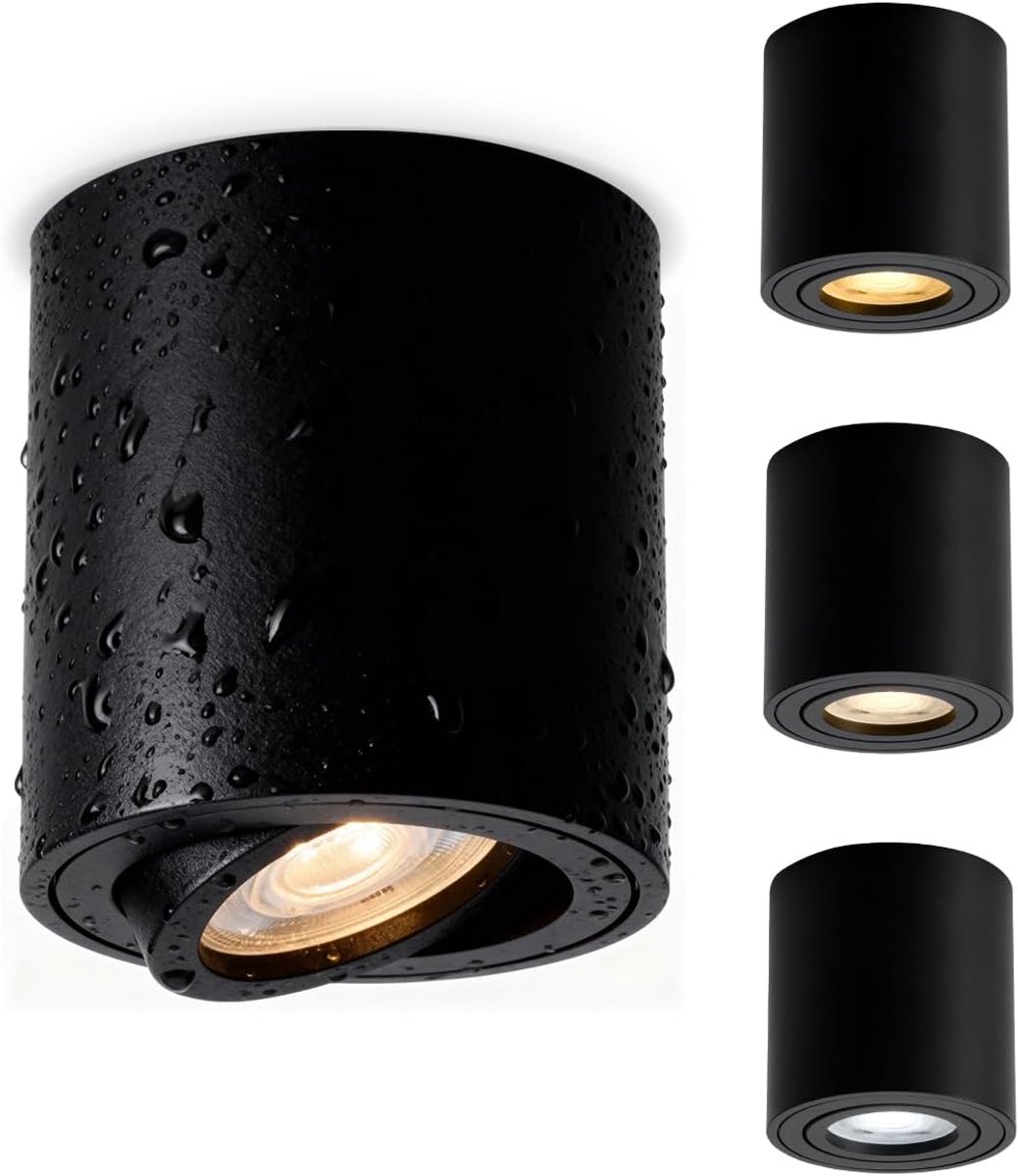 5,5 W led-opbouwspots, zwart, dimbaar, 230 V, 530 lumen, plafondspots, opbouw, IP44, warm wit, neutraal wit, koudwit, opbouwstralers, diameter 80 × 83 mm, voor buiten, badkamer, rond, 4 stuks