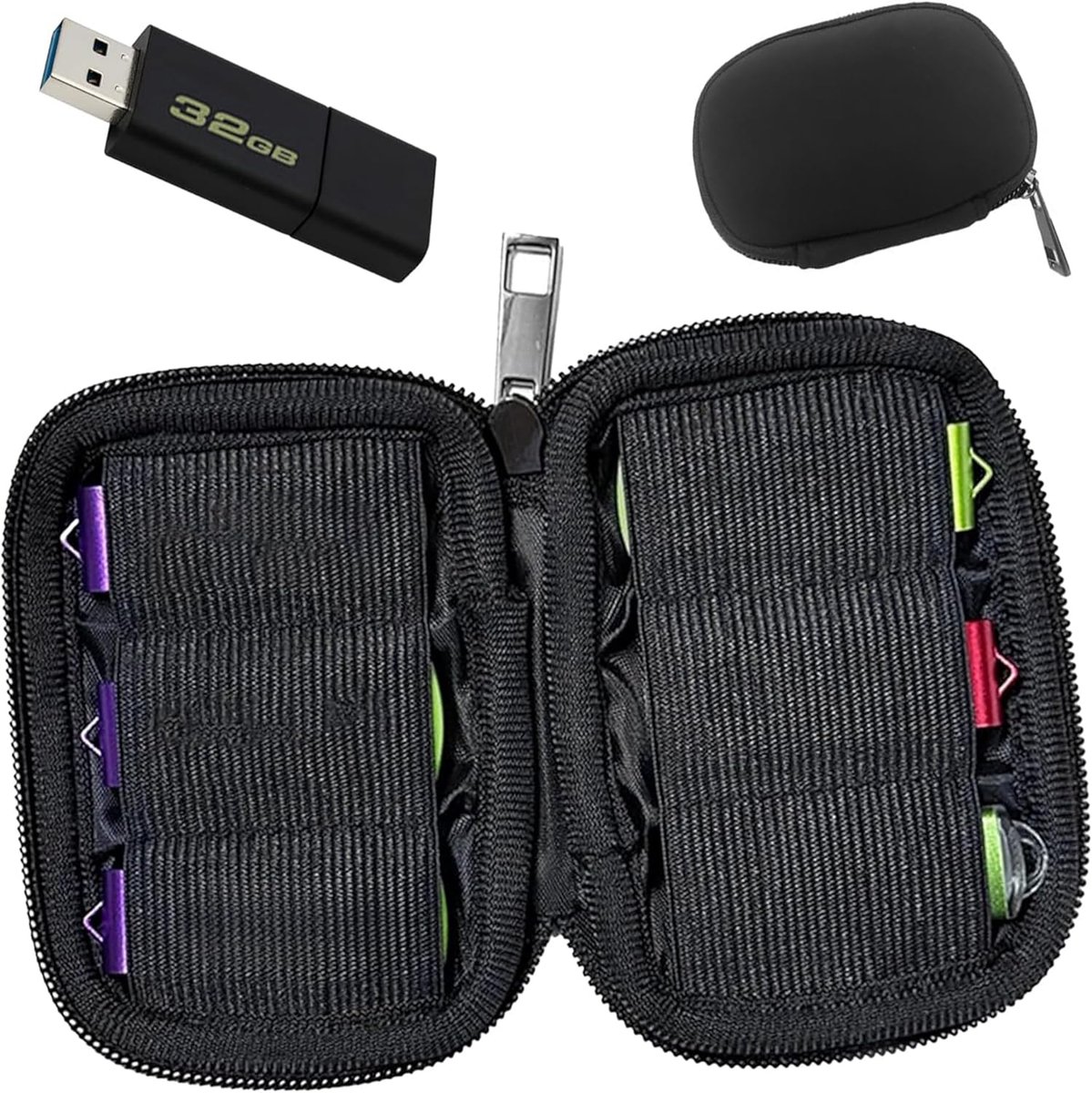 1 x opbergtas voor USB-stick, schokabsorberende stofdichte hoes en geheugenstick-organizer met 6 sleuven voor flashdrives en elektronische accessoires (zwart)