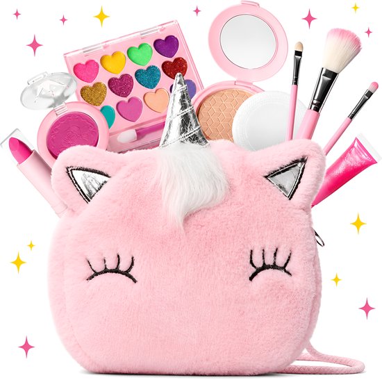 Roze pluizige eenhoorn tas gevuld met make-up, inclusief oogschaduwpalet, blush, lipstick en kwasten.