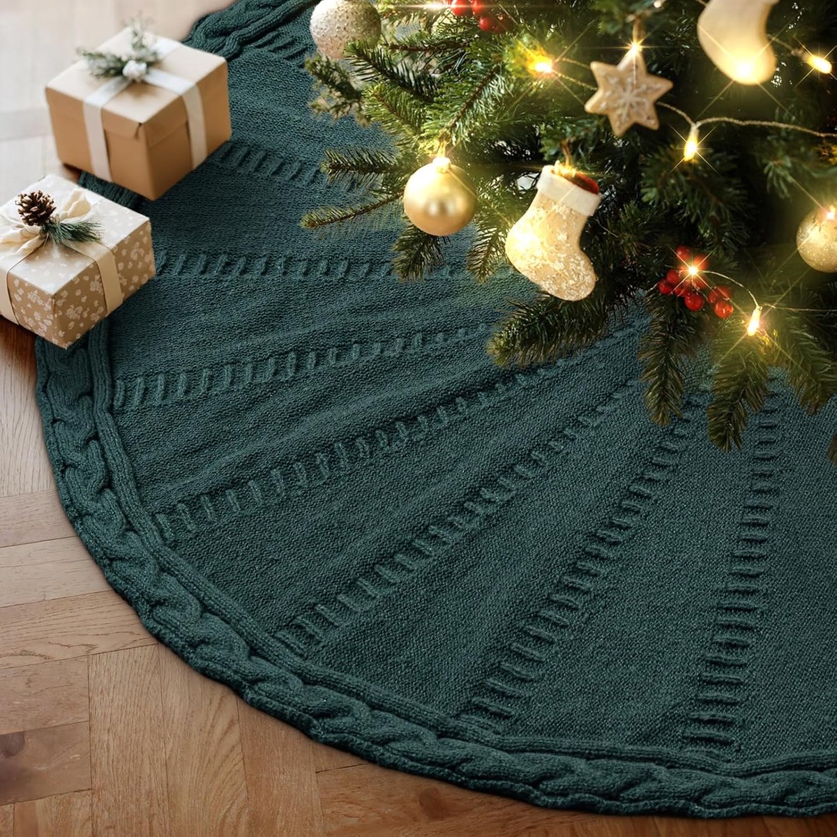 Gebreide Kerstboomrok 40 cm, Kabel Gebreide Kerstboom Rok Rustieke Kerstboomrokken Kerstboomdeken Kerstboom Basishoes voor kleine mini-potloodkerstboom Winter Binnen Kerstmis Decoratie (Groen)