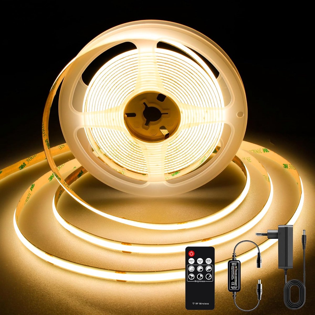 COB LED Strip 3m 2700K, Warm Wit 24V Dimbare LED Strip set, 480LEDs/M, CRI92, 8mm Breed, COB LED-verlichting met Afstandsbediening en Voeding, voor Slaapkamer Keuken Interieur Decoratie