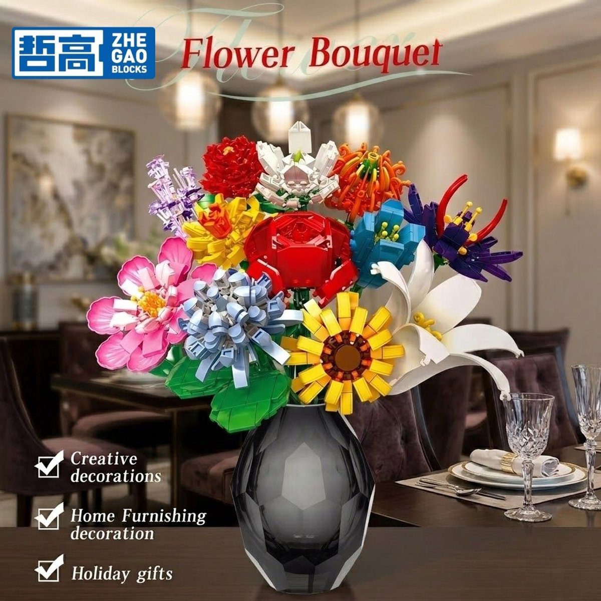 Zhe Gao 11053 Cluster Boeket bloemen bouwset | Botanical Flowers Collection modelbouw | Classic Creator STEM speelgoed bouwpakket voor volwassenen en kinderen | Educatief decoratie kunstbloemen niet geschikt voor Lego | bouwdoos met 1064 bouwstenen — afbeelding 2