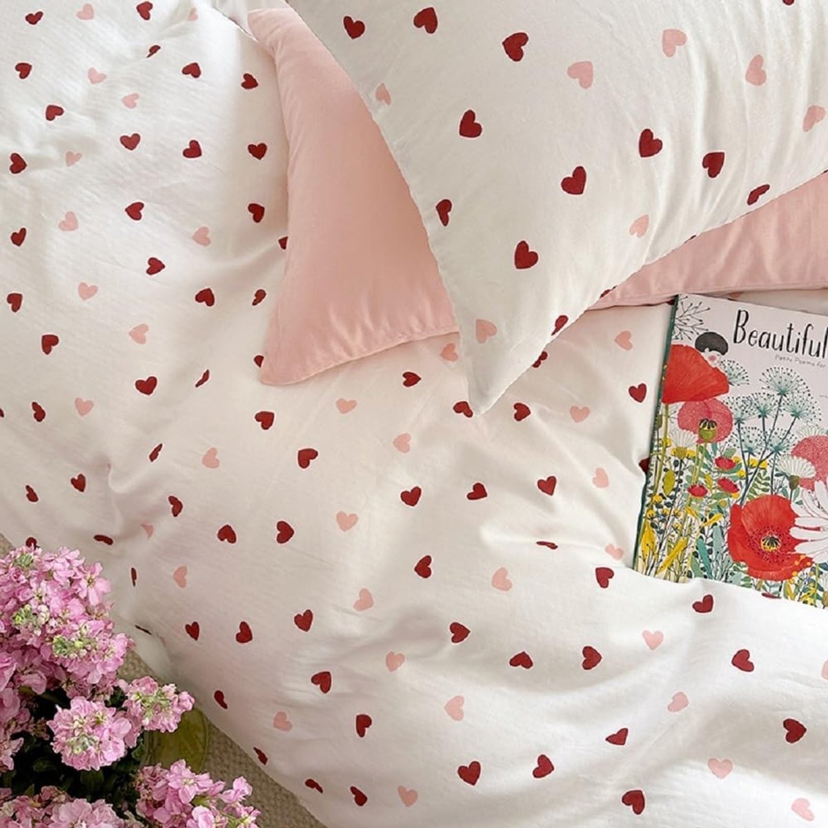 Meisjes Bedlinnen 200 x 200 cm met Hartjes in Wit, Roze en Rood - Zachte Microvezel Dekbedovertrek met Rits en 2 Kussenslopen 80 x 80 cm - Oeko-Tex Gecertificeerd