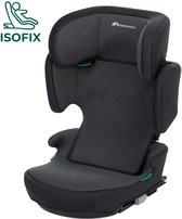 Donkergrijs Bebeconfort autostoeltje met grijze ruitstiksels, groen met ISOFIX-logo.