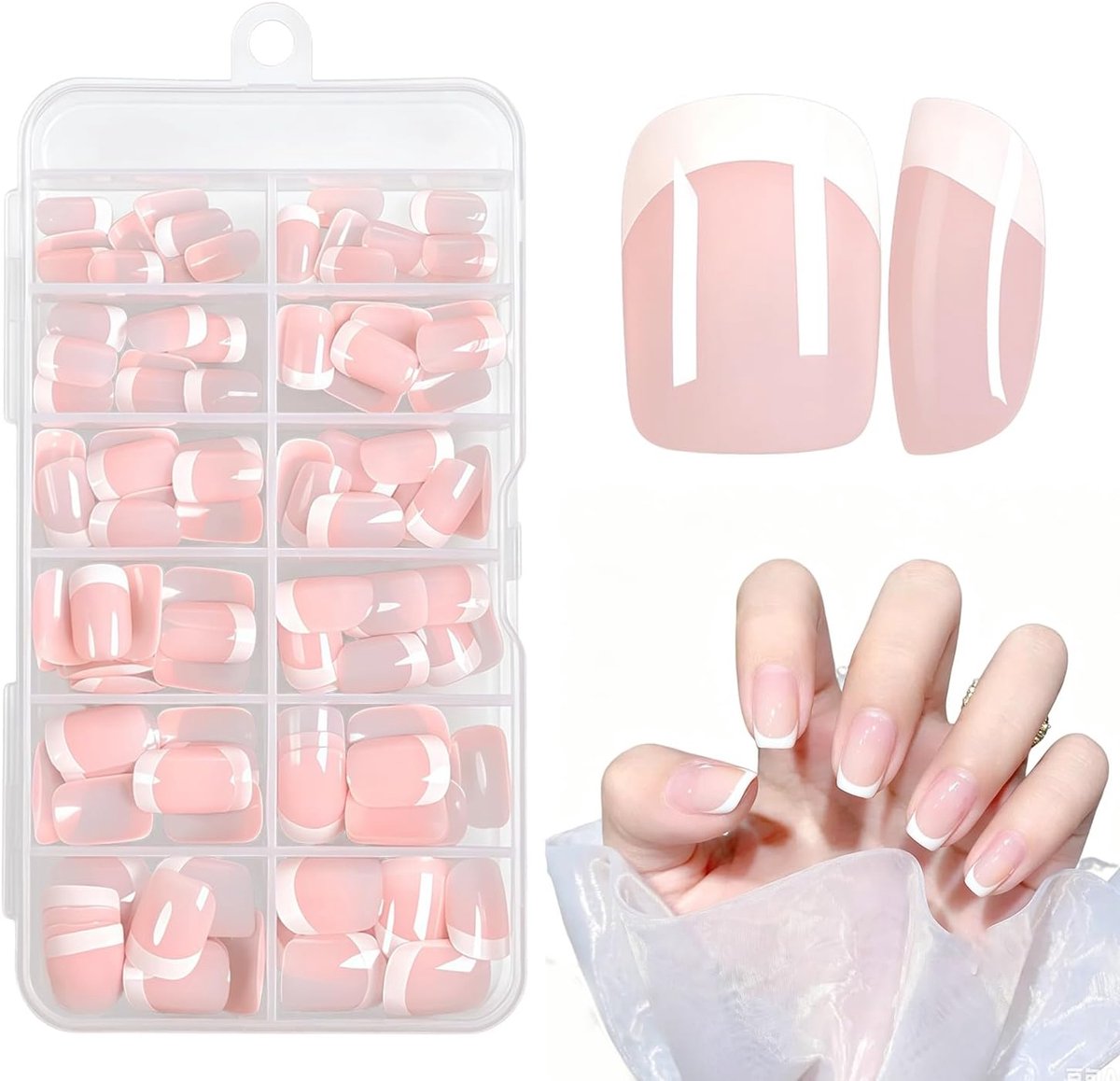 120 stuks Nude Roze French Tip Kunstnagels Korte Vierkante Plaknagels