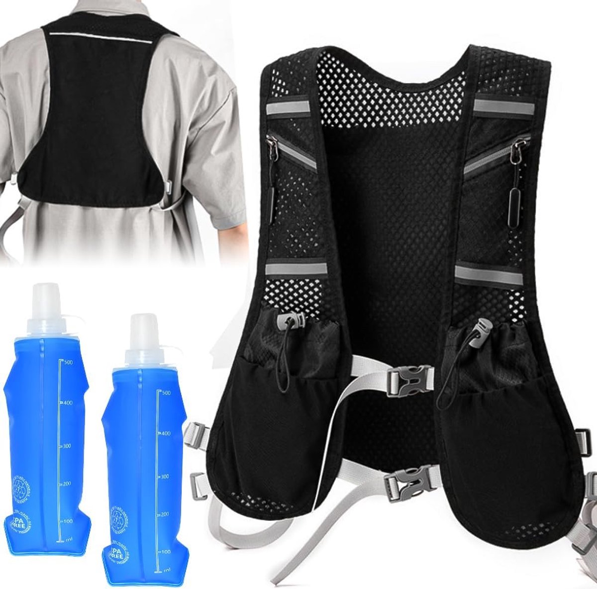 Running Drinkrugzak Trail met 2 Flexibele Flessen 500ml Lichtgewicht en Reflecterend Hardloopvest Hydratatievest voor Hardlopen voor Dames en Heren