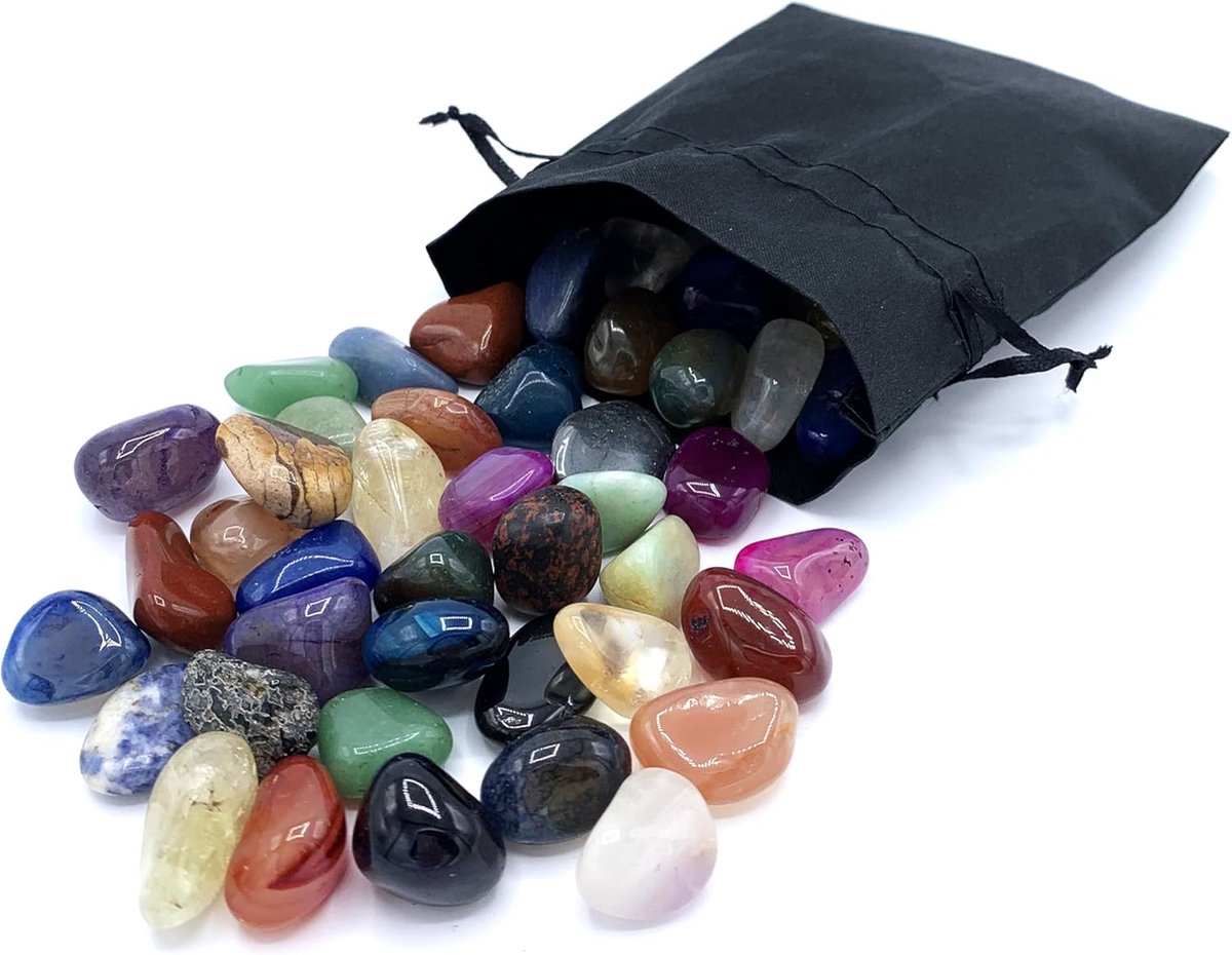 Mix Edelsteenset in zwart satijnen zakje, natuurlijke trommelstenen, ideaal voor kinderen, verjaardagen, schattenzoeken, decoratie, helende stenen, edelsteenspel