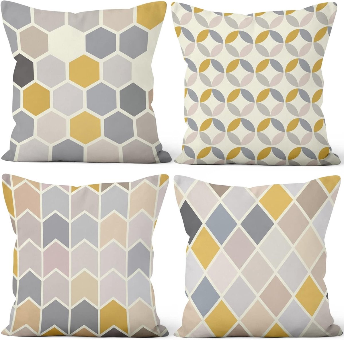 Set van 4 Minimalistische Kussenhoezen in Geel en Grijs, Moderne Geometrische Vormen voor Sofa, Slaapkamer en Auto, 24"x24" Decoratieve Kussenslopen van Zacht Pluche