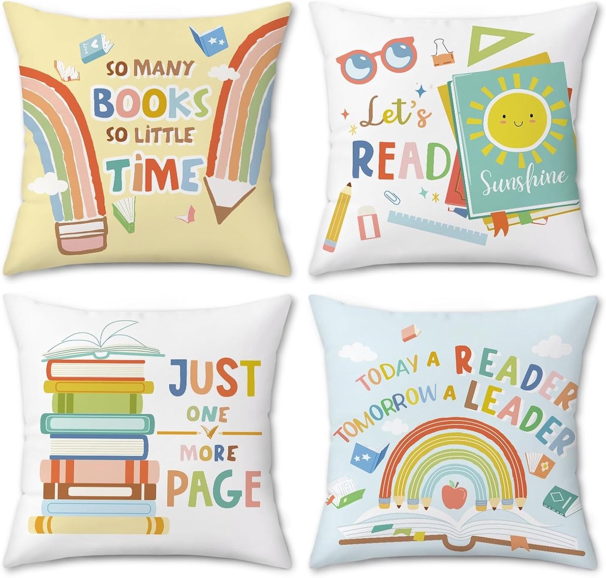 Kleurige kussenslopen 45 x 45 cm met boeken en potloden, decoratieve hoezen voor kinderkamer, leeshoek en klaslokaal, set van 4