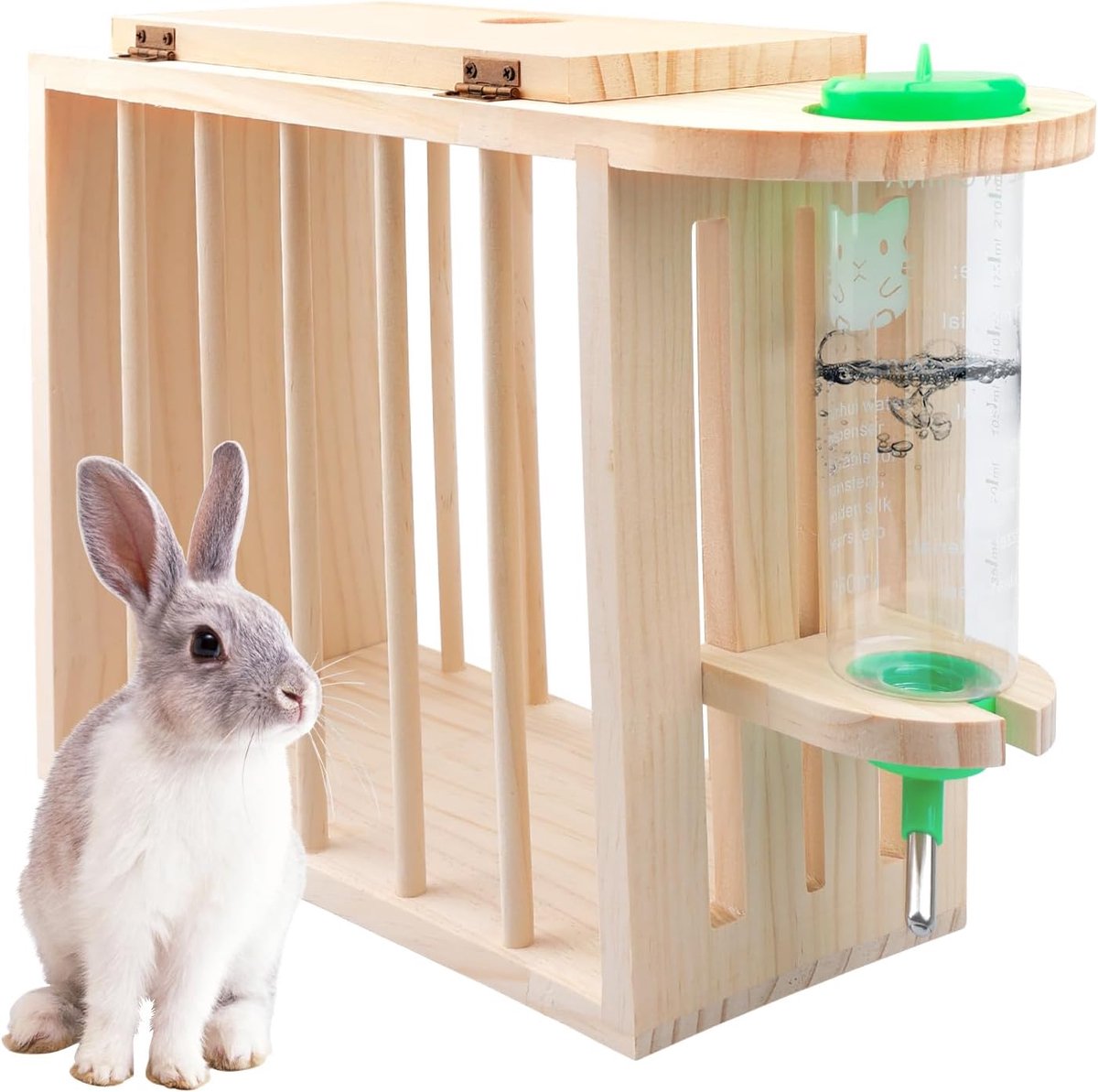 SnelShoppen - Hooi Rack voor Konijnen met Hoogte-verstelbare Drinkfles, Hooi Voeder voor Cavia's, Natuurlijke Hout voor Konijnen, Hamsters, Chinchilla