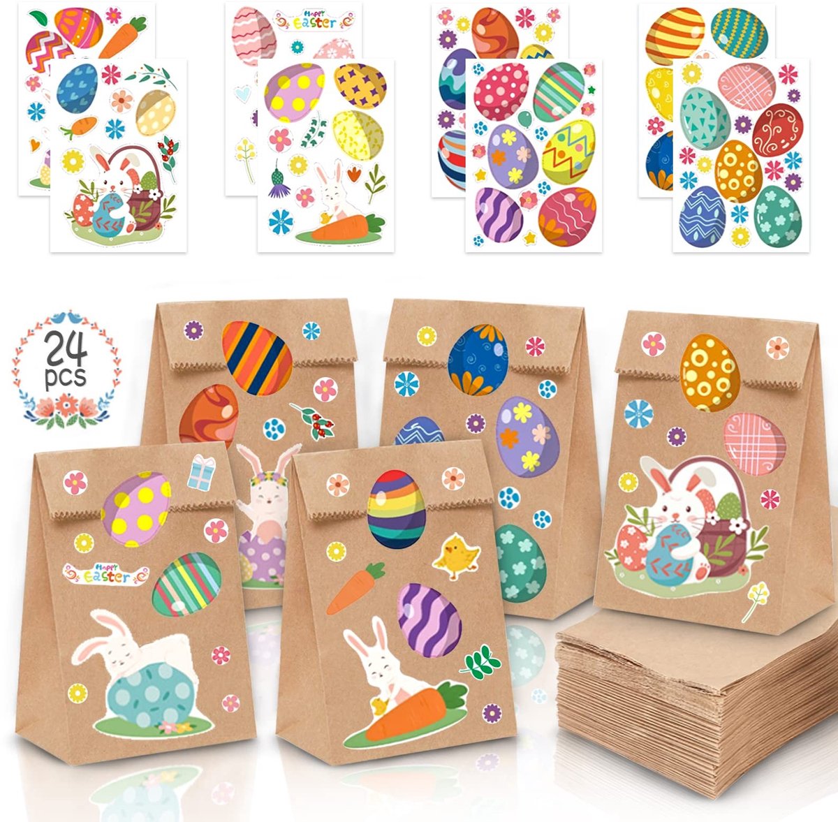 Omgoods - Paas Geschenkzakken Set van 24 - DIY Snoepzakken met Stickers