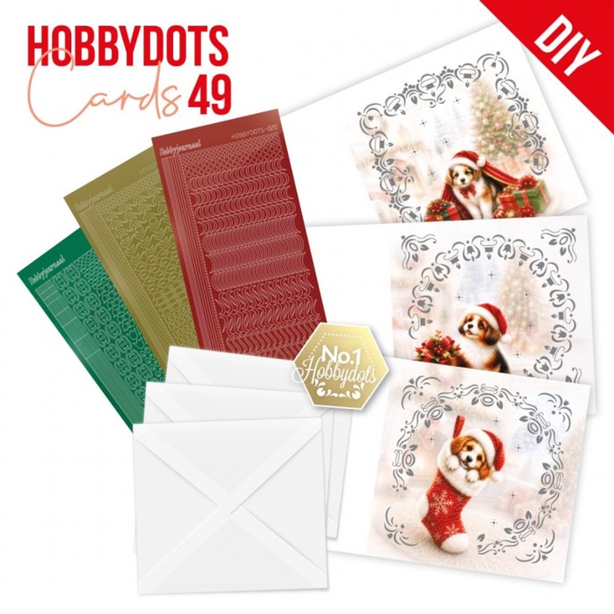 Hobbydots Cards 49 - Merry Pawmess - Drie voorgedrukte kaarten, vier HobbyDots-stickers - Gratis verzonden - DODOPP049