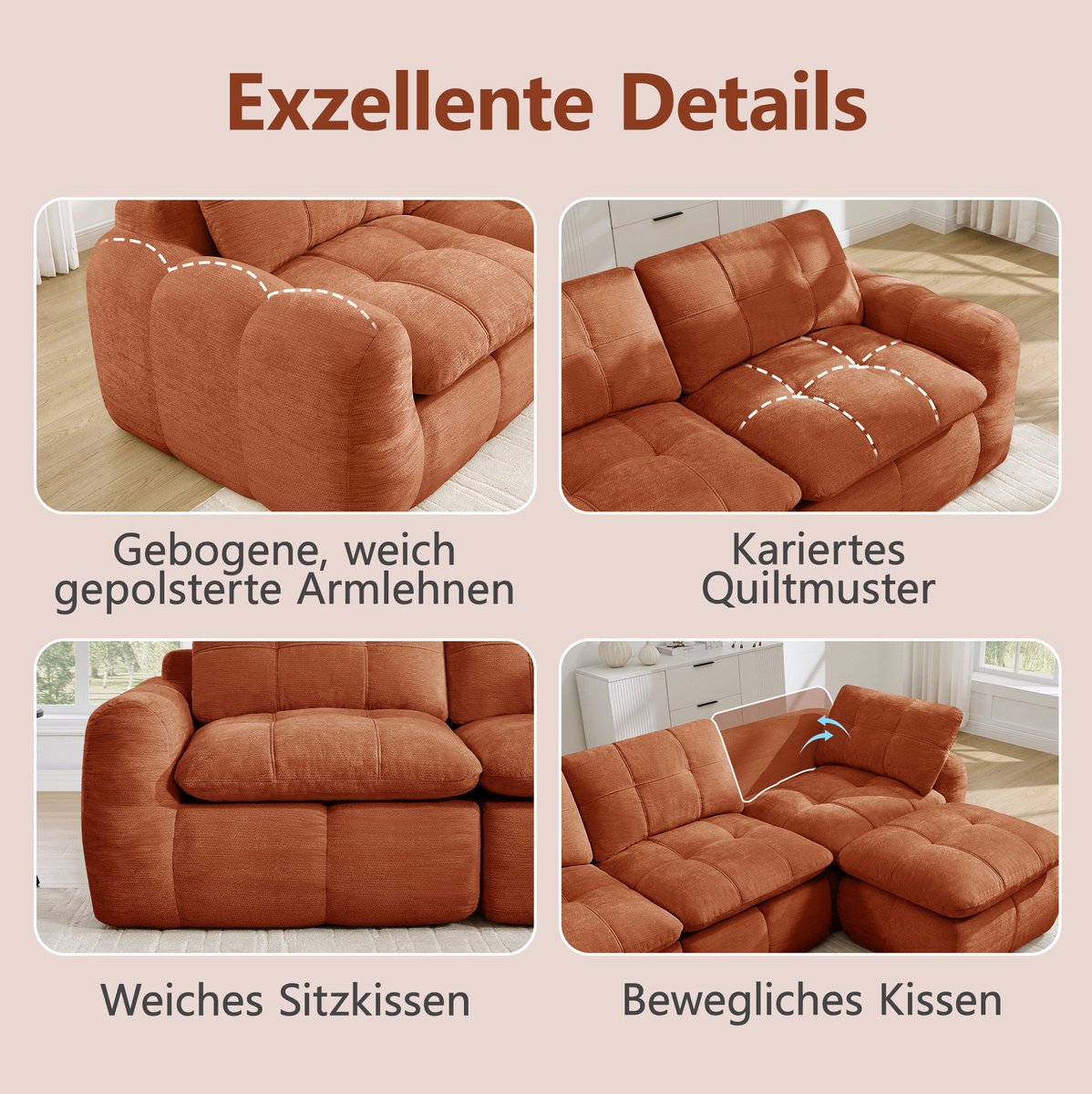 MEUNIQ 2-zits modulaire bank van chenille in oranje, karosteppatroon, zonder montage, met 2 ottomanen voor woonkamer of appartement