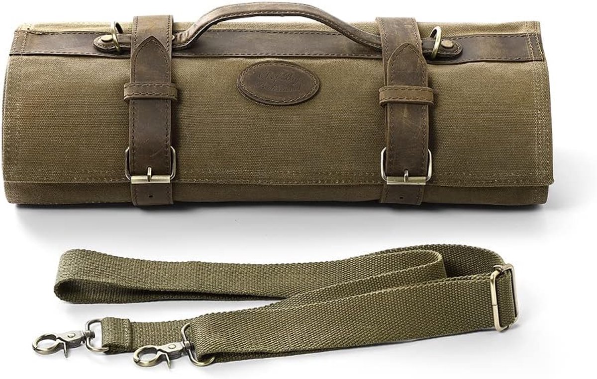 Professionele Messentas Koksmes Tas(Zonder Mes)-Lichtgroen | Verstelbare Schouderriem,16oz Gewaxt Canvas Mes Roltas Draagbare-12 Vakjes,2 Vakken met Ritssluiting