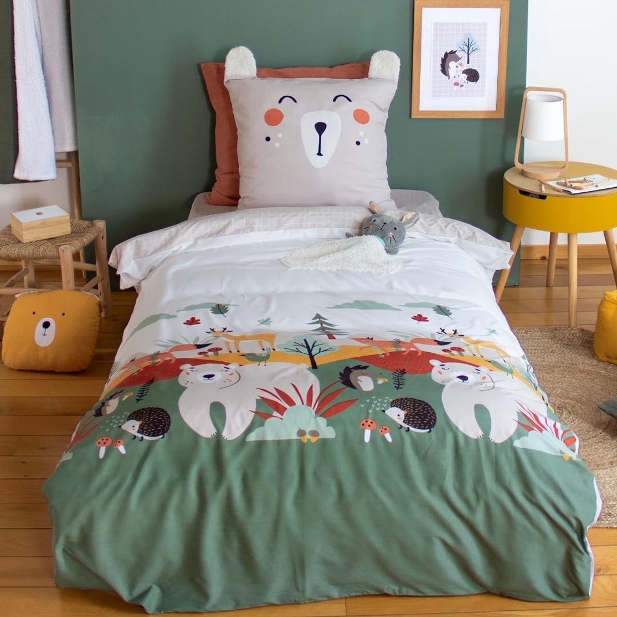 Omgoods - Kinder Dekbedovertrekset 140 x 200 cm met Kussenhoes - Groen en Beige Bosdieren Motief