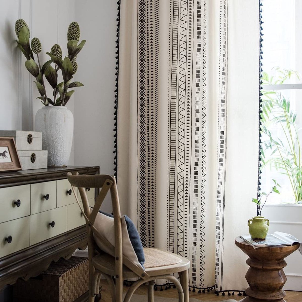 Omgoods - Vintage Boho Tassel Semi-Blackout Gordijnen 150 x 180 cm - Katoen en Linnen
